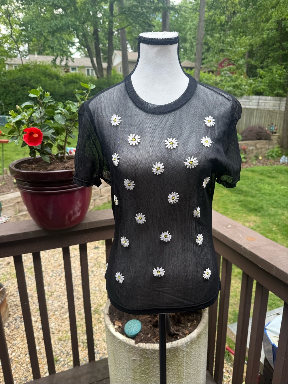 Vivienne Tam Black Sheer Daisy Appliqué Short Sleeve Tee